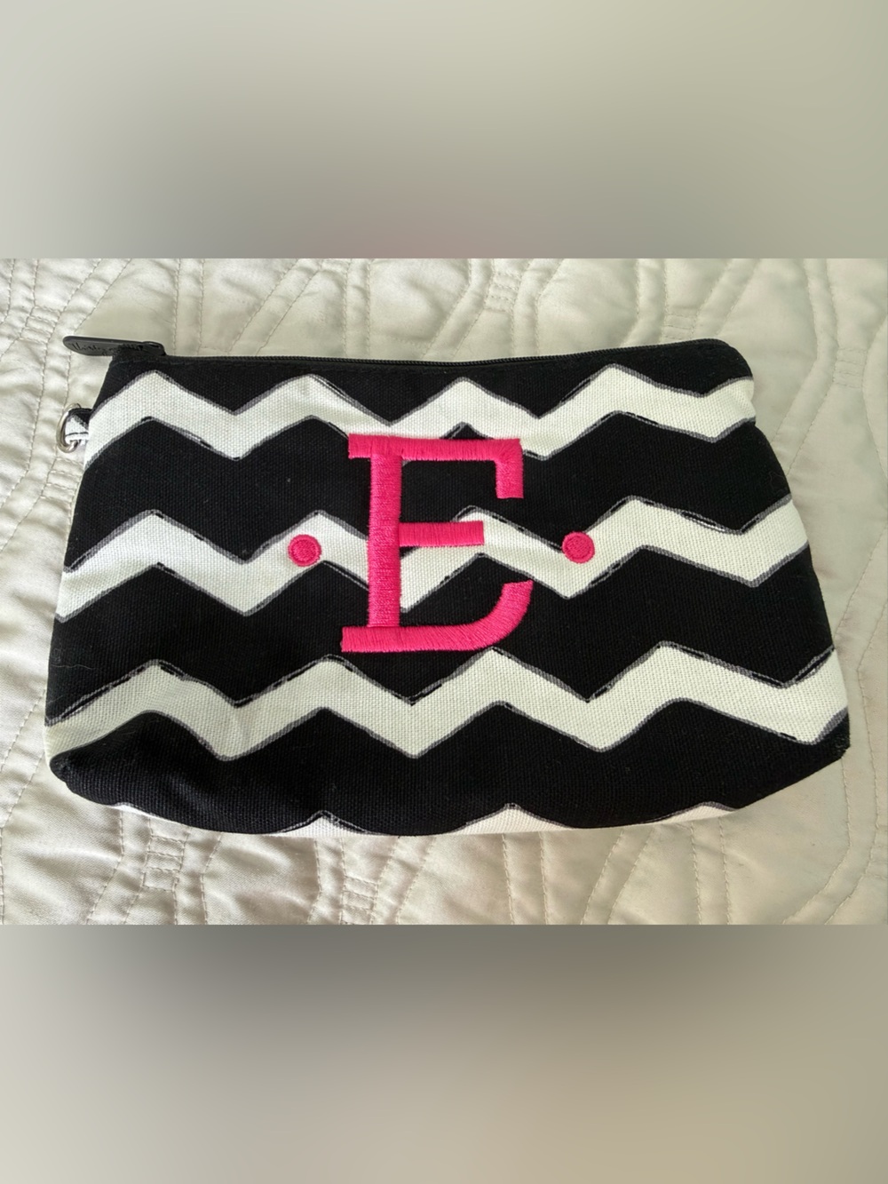 Black & White Chevron Pouch with Pink E